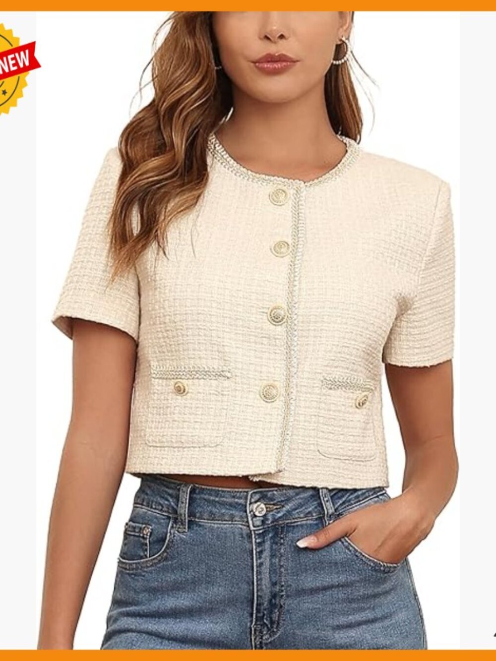 Cropped Tweed Blazer Short Sleeve Open Front Cardigan Business Casual Jacket